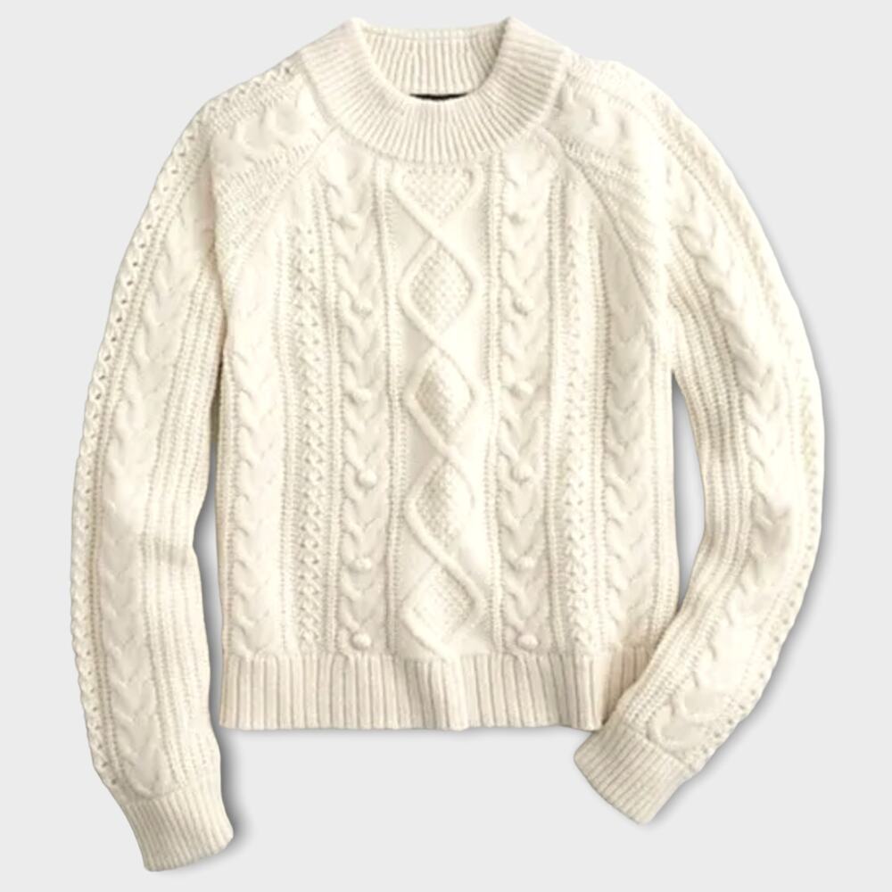 J.Crew | Medium | Cream White Pom Pom Cable Knit Sweater Lambswool Blend - Picture 3 of 8
